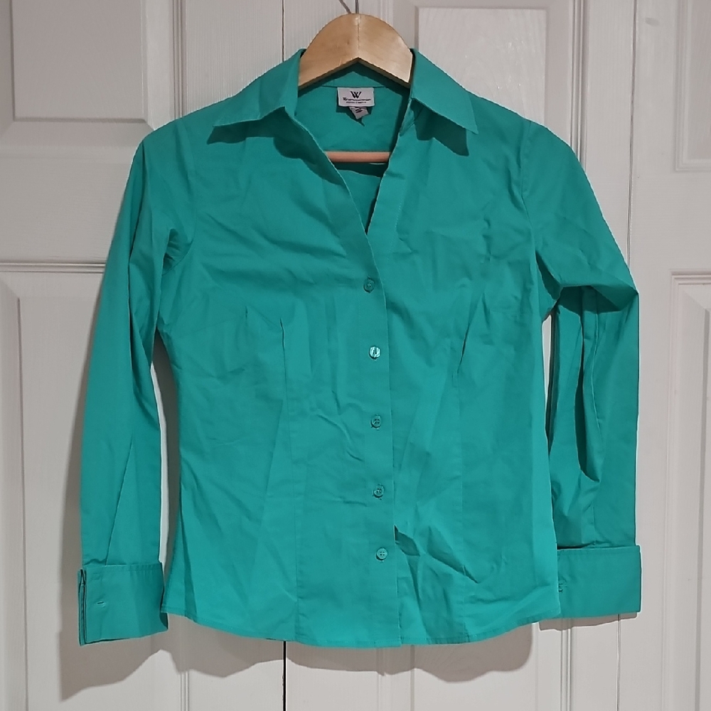 Worthington Petite Stretch Teal Button Down Blouse – 4P